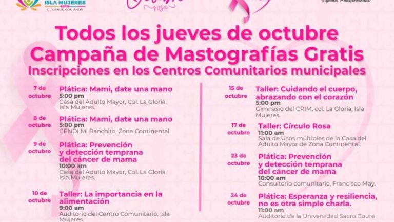 Mastografías gratuitas y agenda cultural en Isla Mujeres por el Mes Rosa 2025